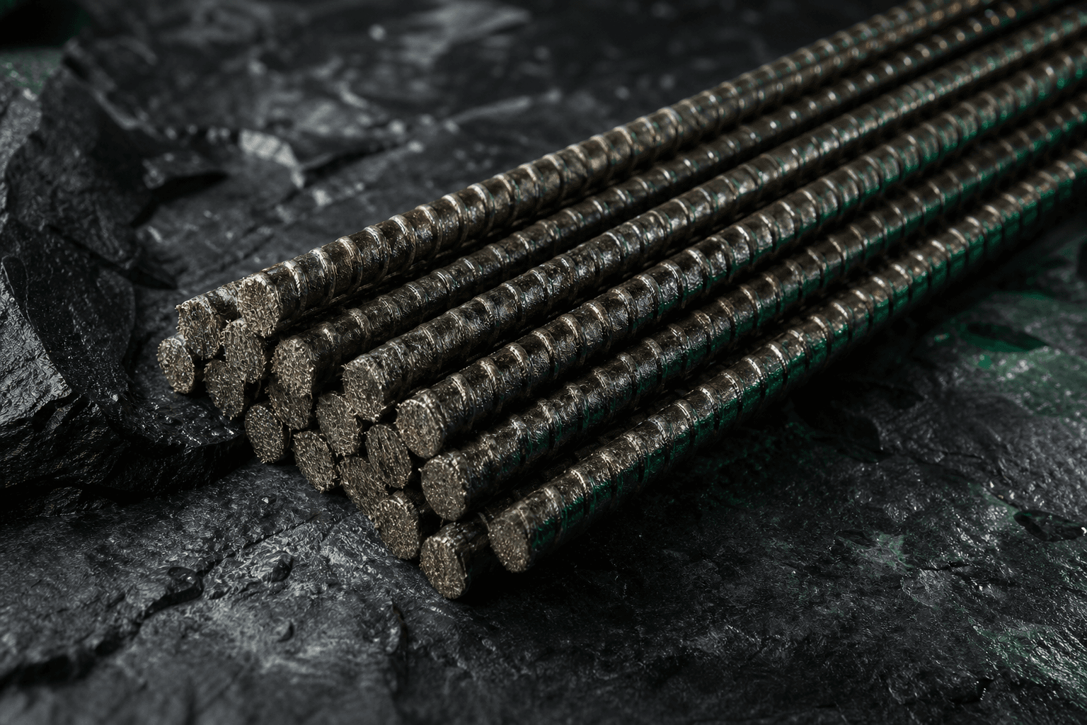 BFRP reinforcement bars arranged on dark basalt stone