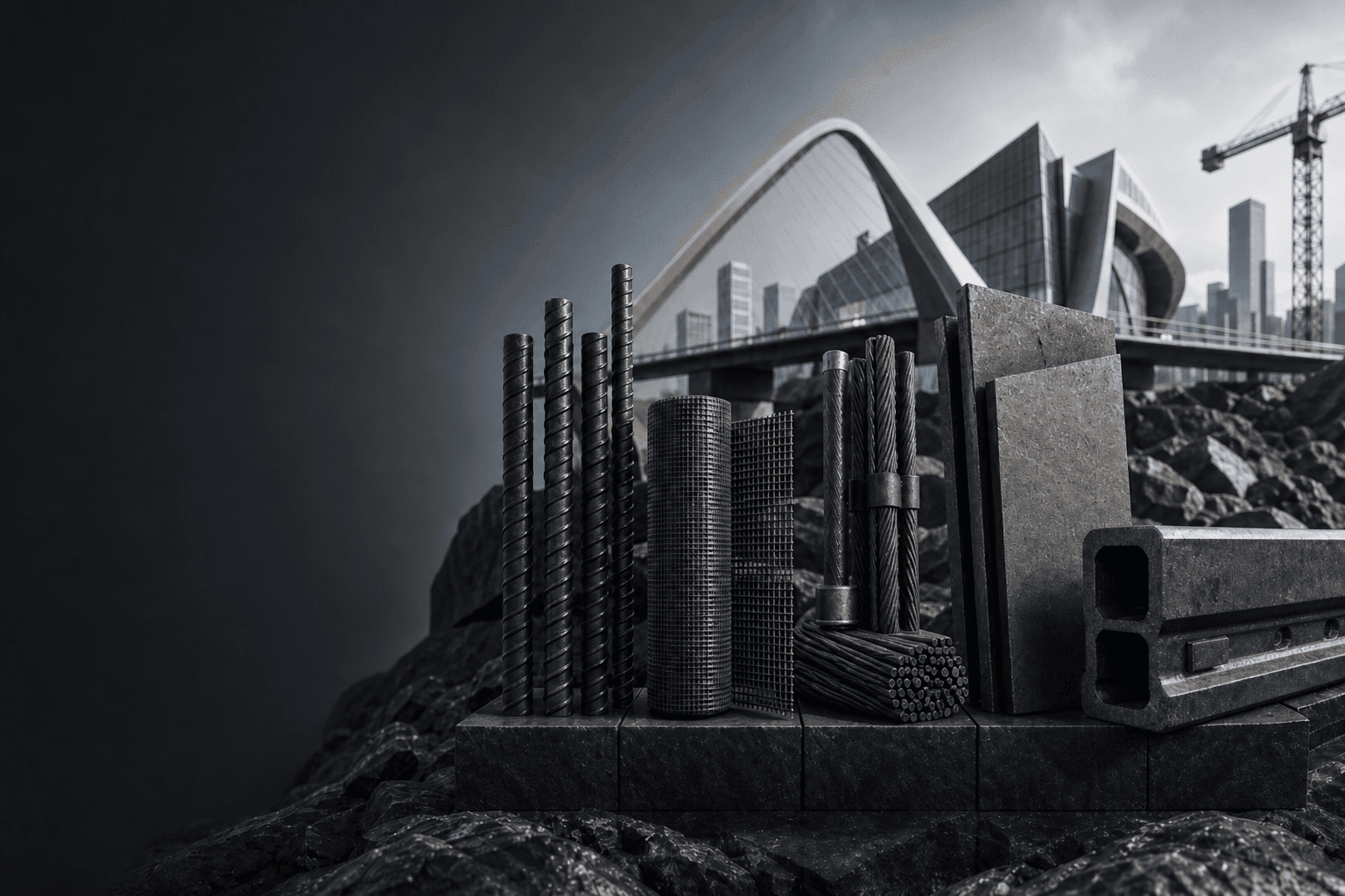 Basalt construction materials displayed against volcanic stone